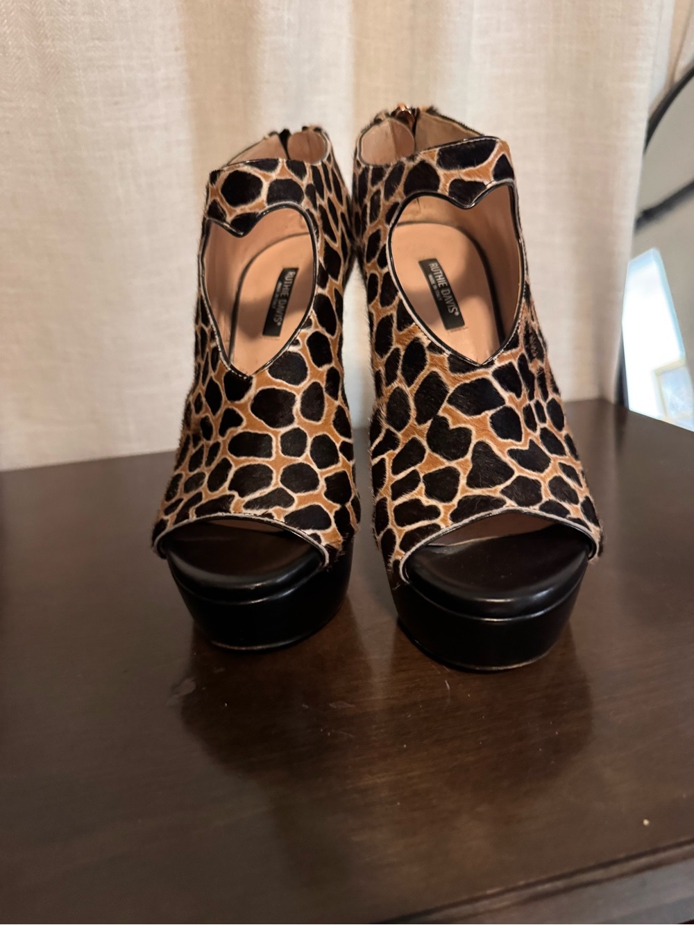 Ruthie Davis Giraffe-Print Tan and Black Peep-Toe Platform Heels